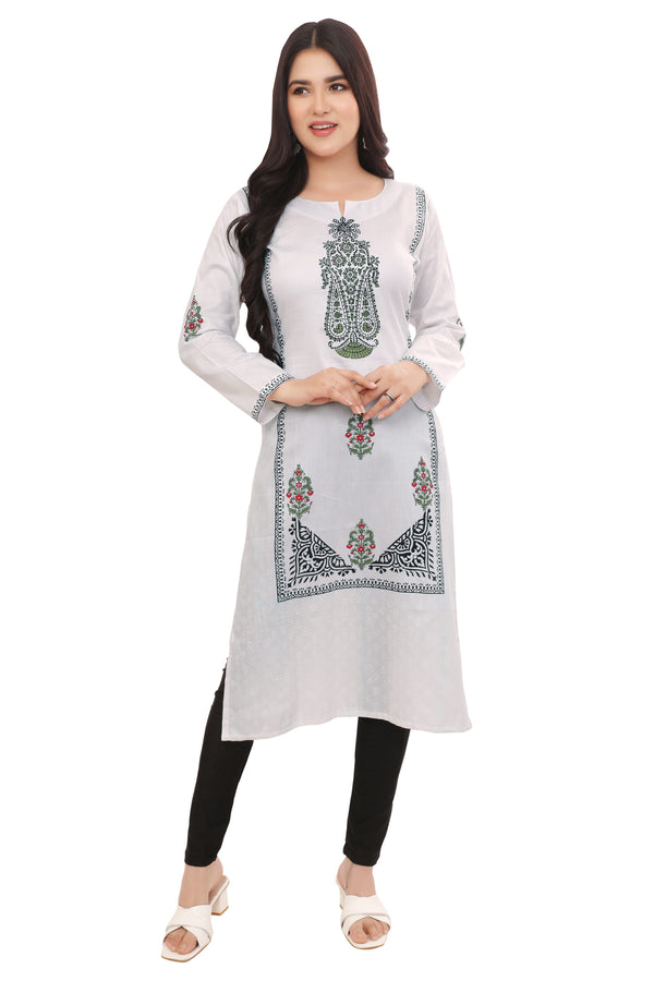 White Green Block Print Kurta