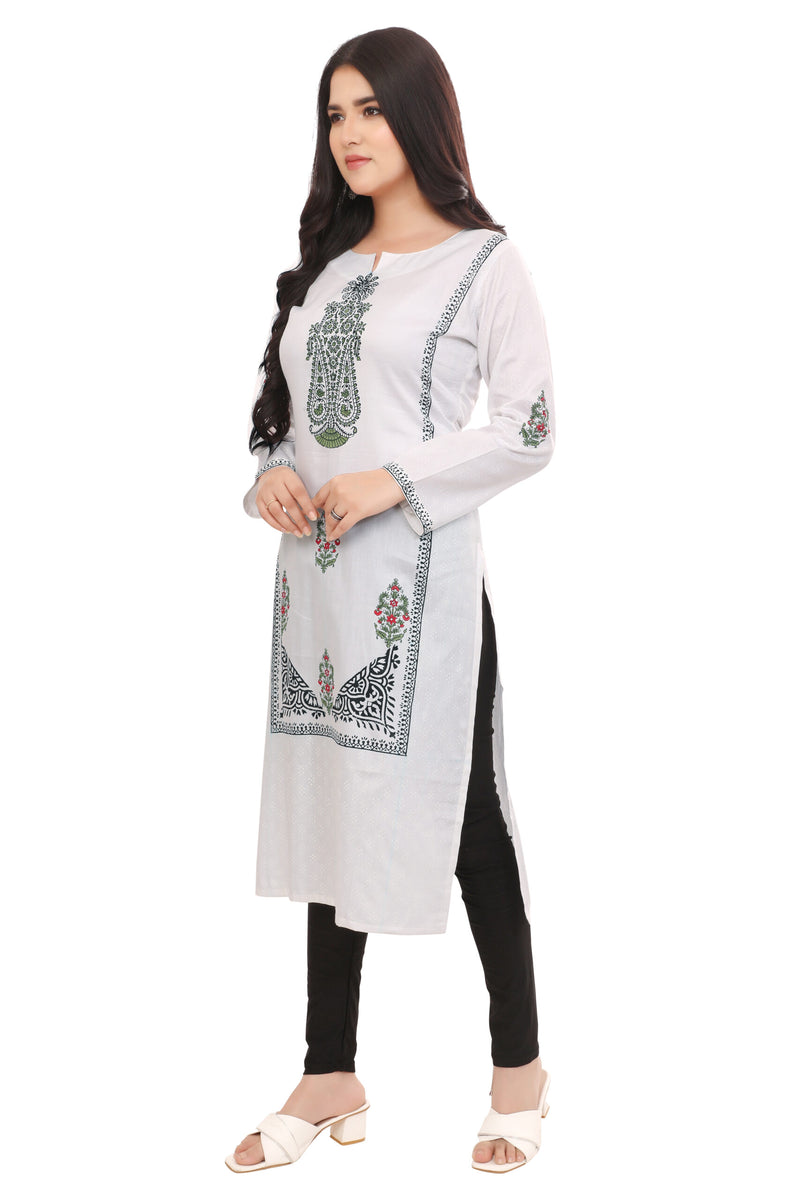 White Green Block Print Kurta