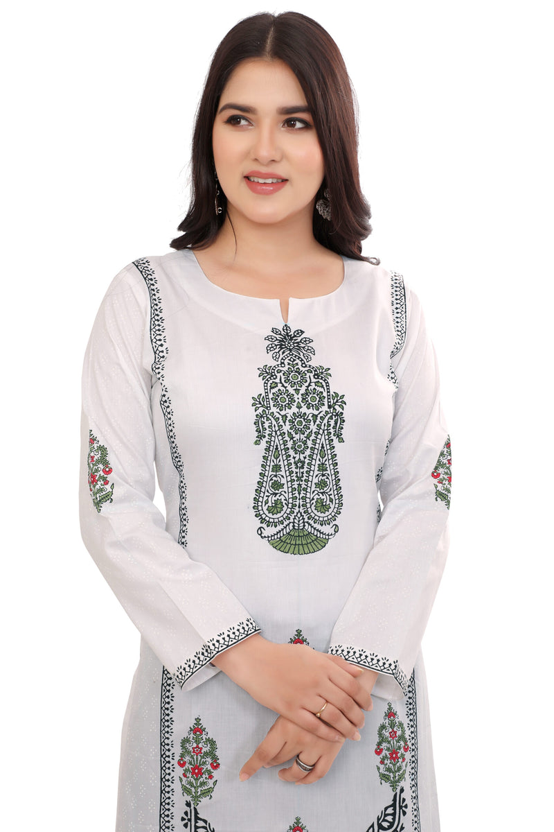 White Green Block Print Kurta