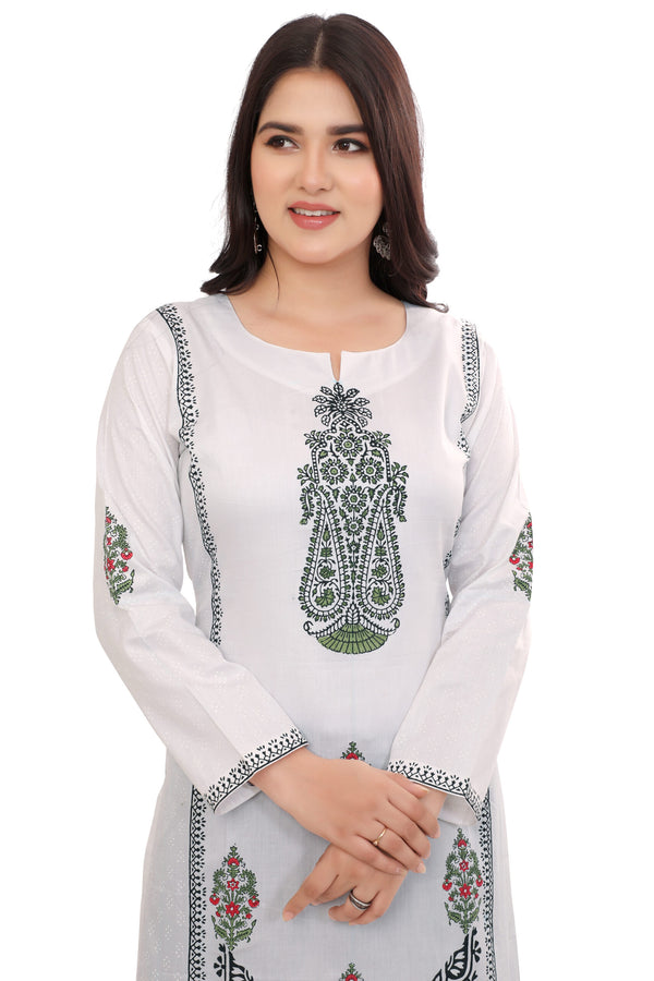 White Green Block Print Kurta