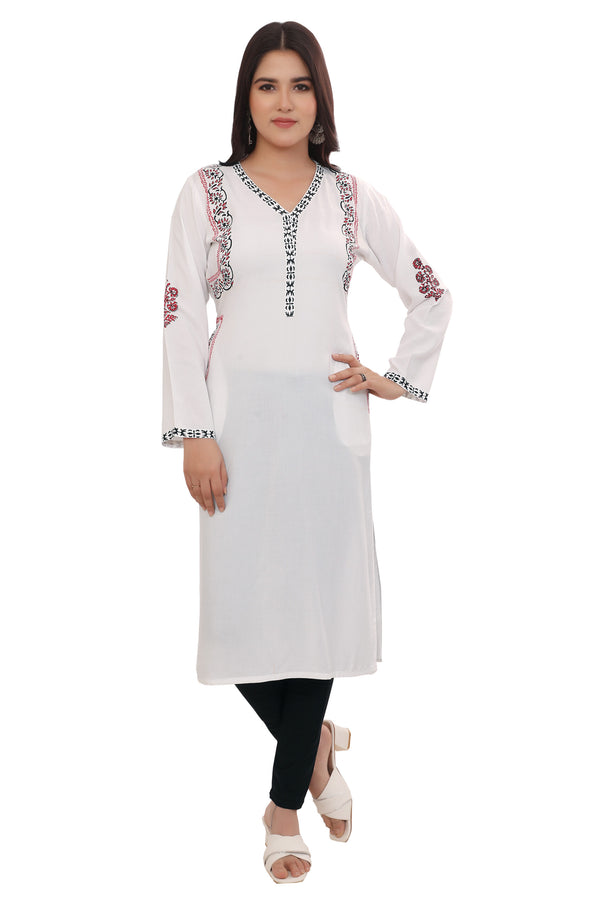 Stylish White Block Printed Rayon Kurta with Jacket-Inspired Design