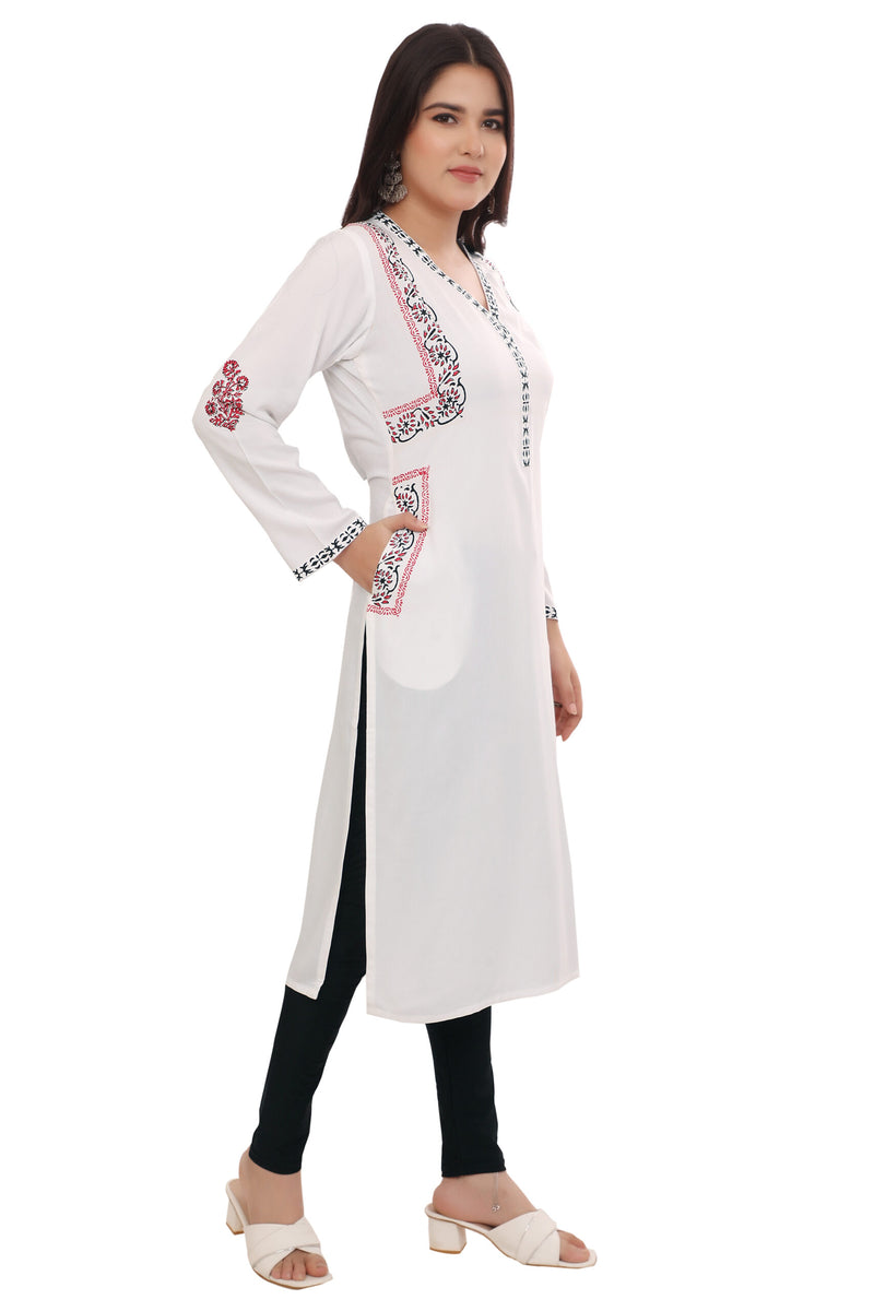 Stylish White Block Printed Rayon Kurta with Jacket-Inspired Design