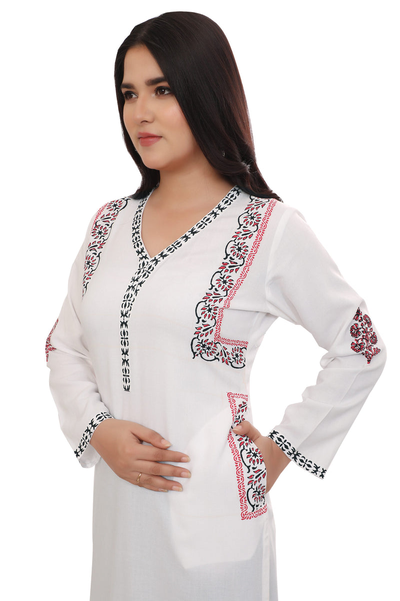 Stylish White Block Printed Rayon Kurta with Jacket-Inspired Design