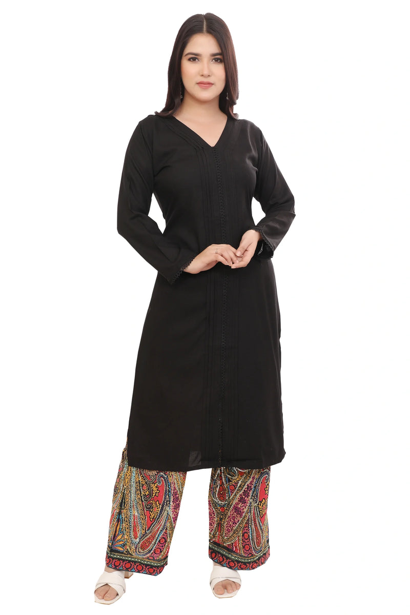 Black Pleated V Neck Kurta