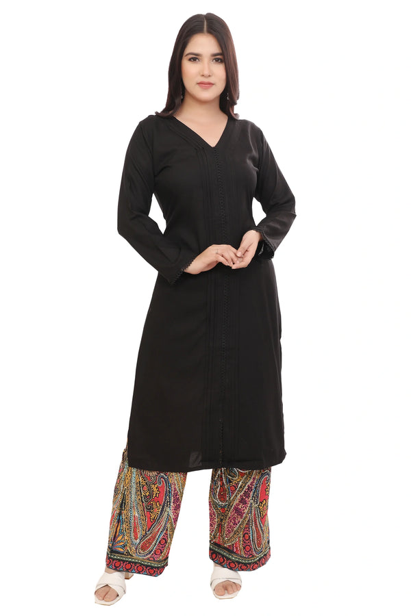 Black Pleated V Neck Kurta