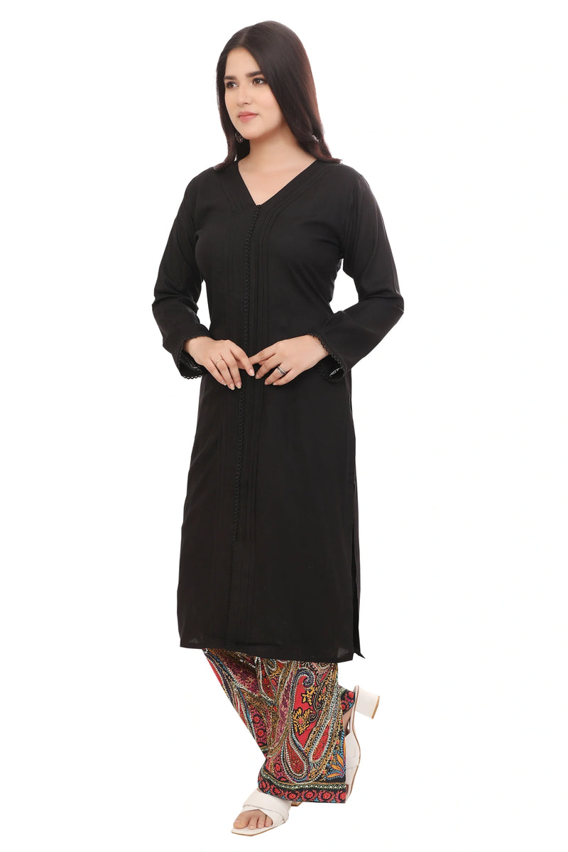 Black Pleated V Neck Kurta