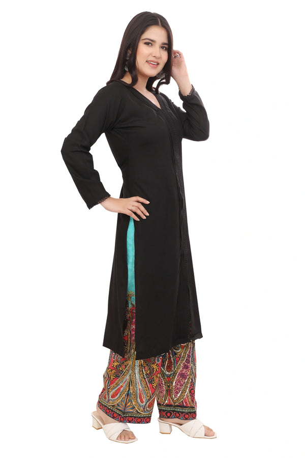 Black Pleated V Neck Kurta