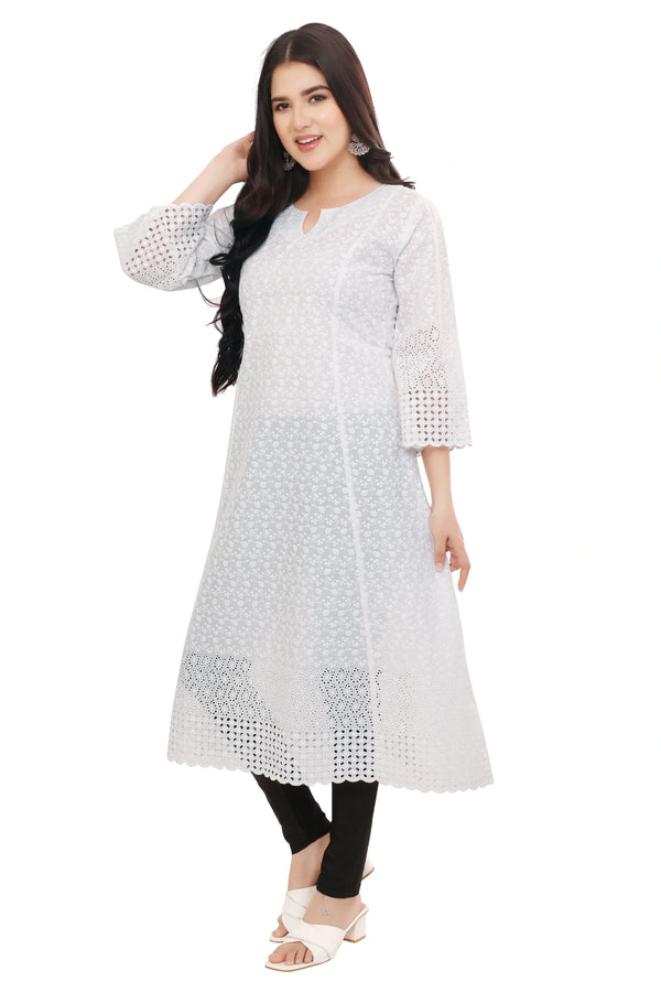 White Cotton Schiffli Kurta