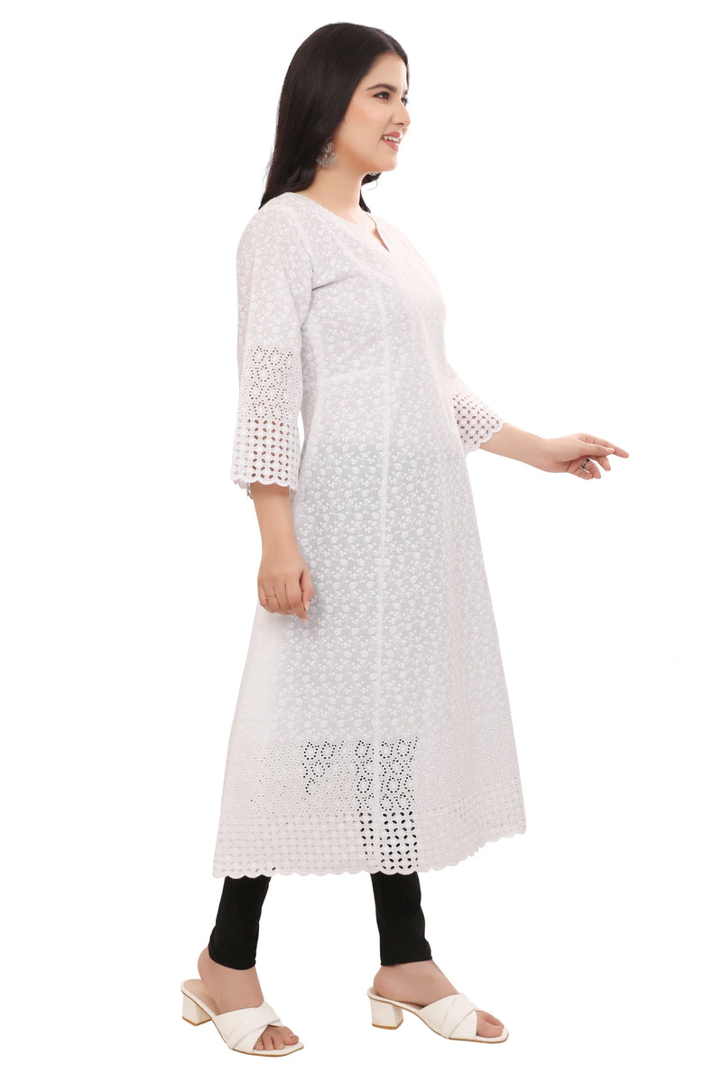 White Cotton Schiffli Kurta