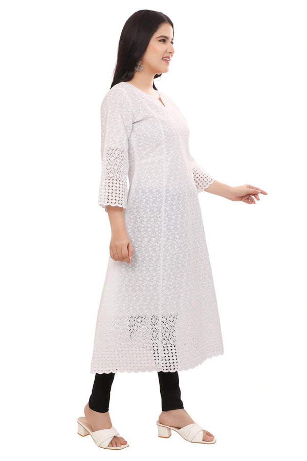 White Cotton Schiffli Kurta