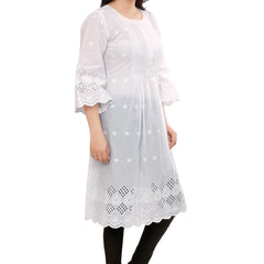 Pleated front and Back White Schiffli Kurta