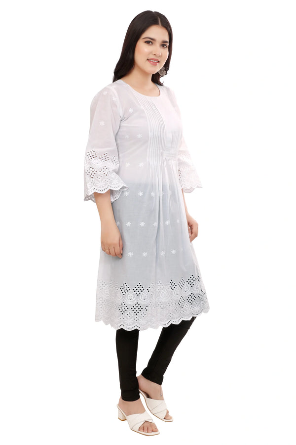 Pleated front and Back White Schiffli Kurta