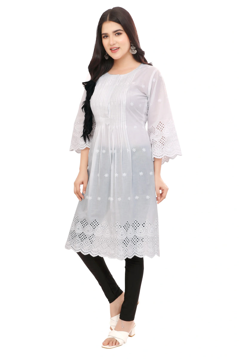 Pleated front and Back White Schiffli Kurta