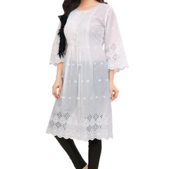 Pleated front and Back White Schiffli Kurta