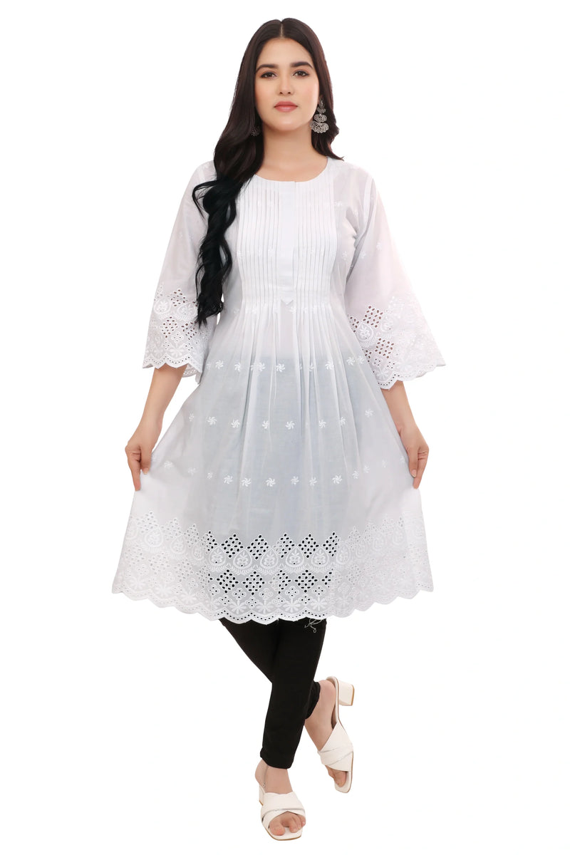 Pleated front and Back White Schiffli Kurta