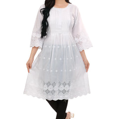 Pleated front and Back White Schiffli Kurta