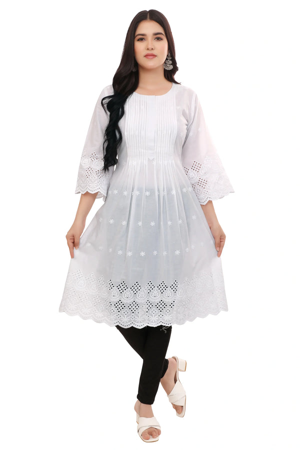 Pleated front and Back White Schiffli Kurta