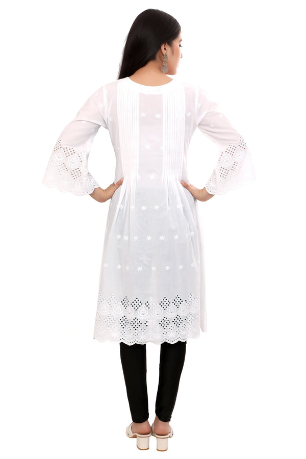 Pleated front and Back White Schiffli Kurta