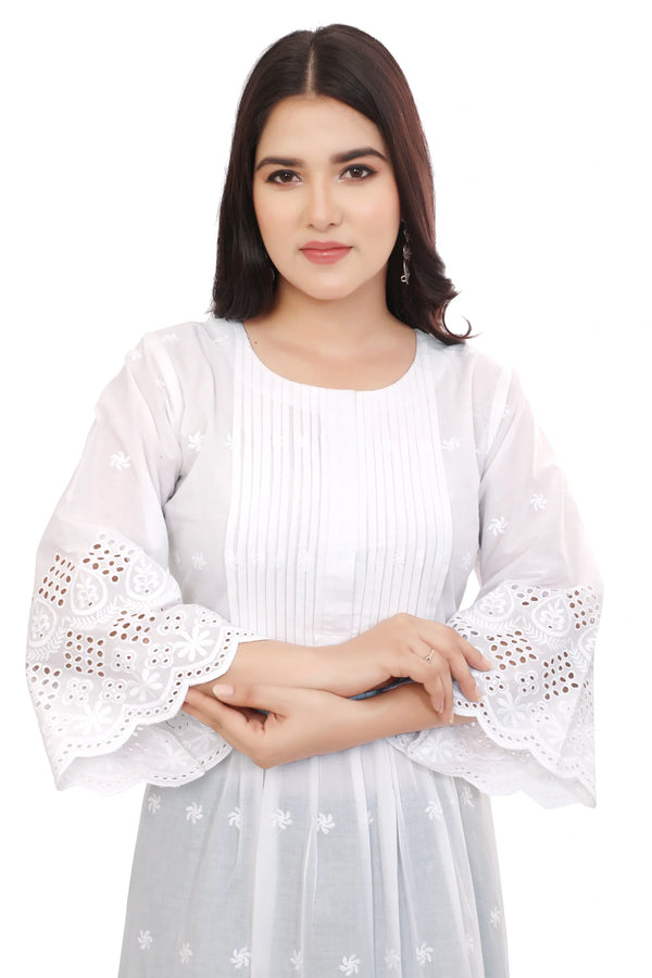 Pleated front and Back White Schiffli Kurta