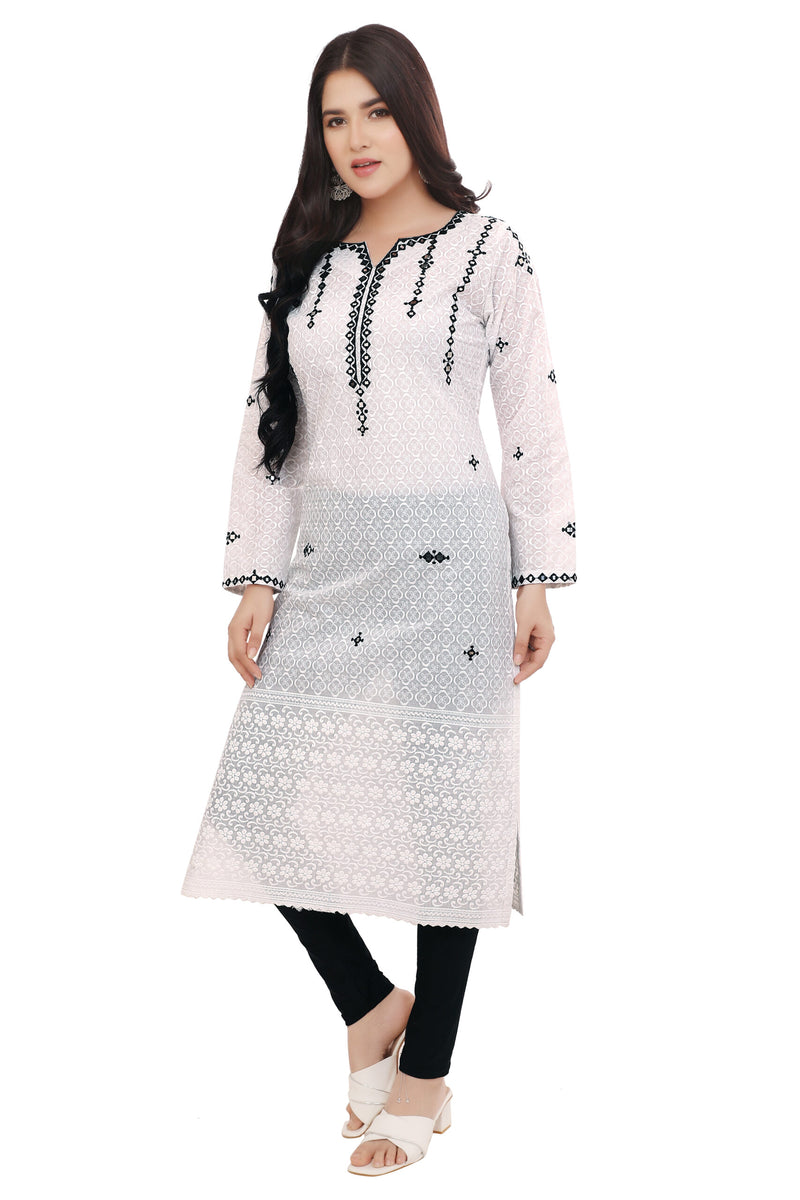 Elegant White Schiffli Cotton Kurta with Black Embroidery