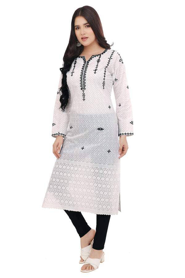 Elegant White Schiffli Cotton Kurta with Black Embroidery
