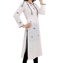 Elegant White Schiffli Cotton Kurta with Black Embroidery