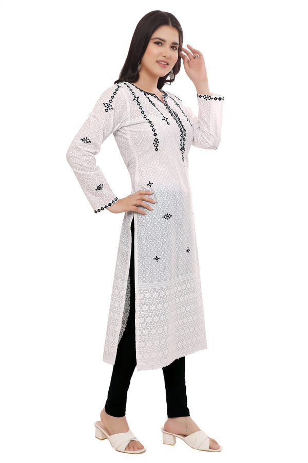 Elegant White Schiffli Cotton Kurta with Black Embroidery