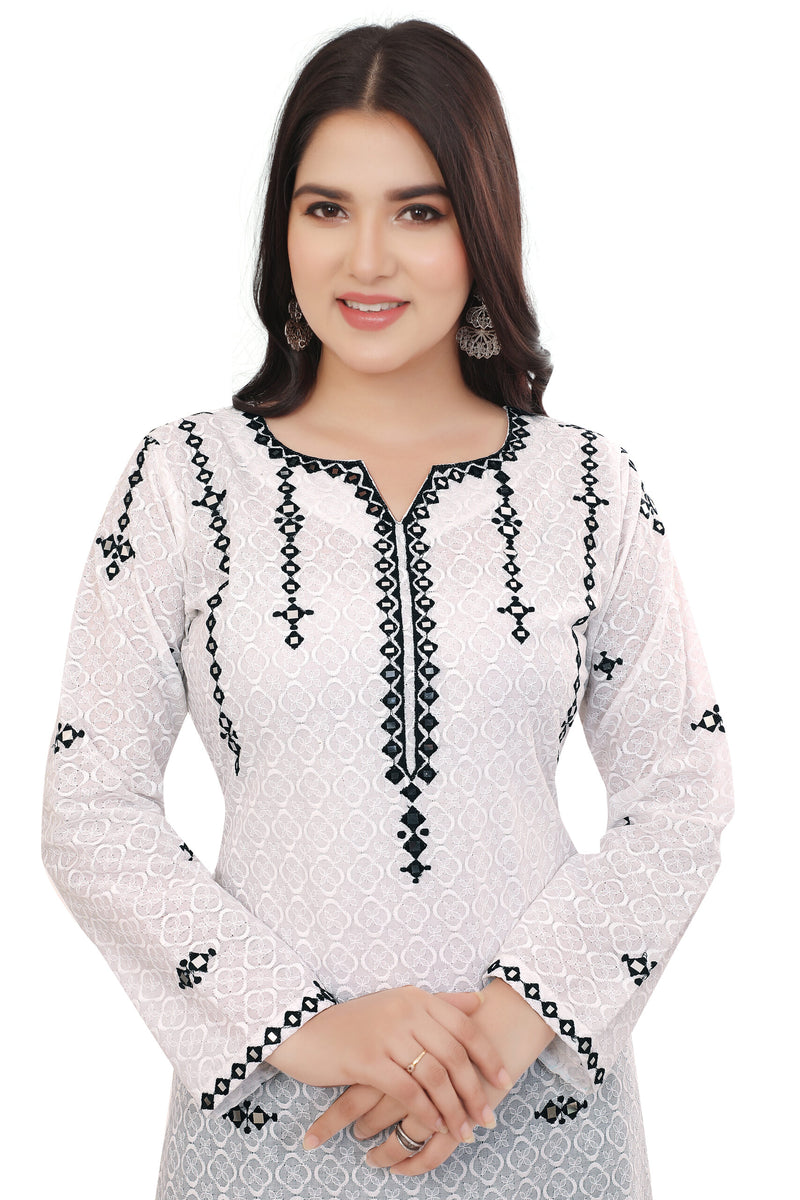Elegant White Schiffli Cotton Kurta with Black Embroidery