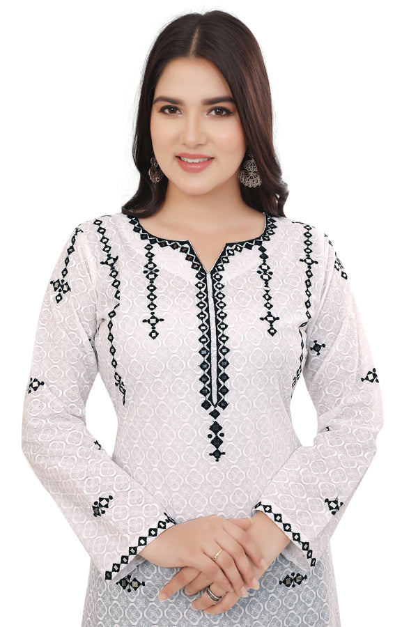 Elegant White Schiffli Cotton Kurta with Black Embroidery