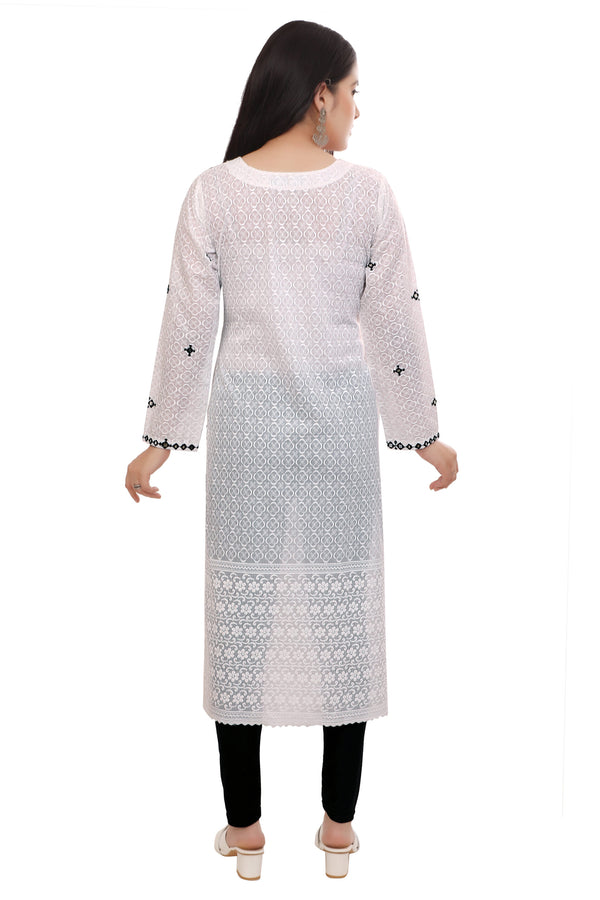 Elegant White Schiffli Cotton Kurta with Black Embroidery