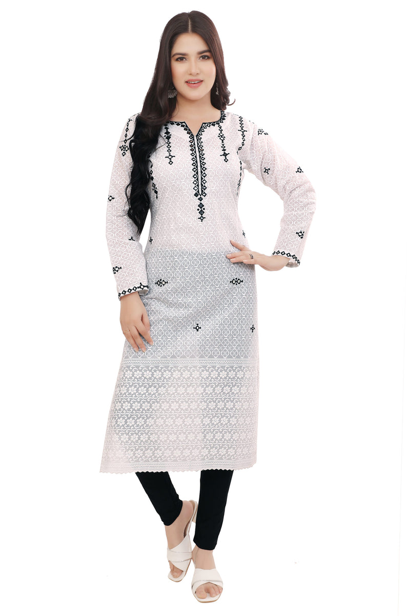 Elegant White Schiffli Cotton Kurta with Black Embroidery