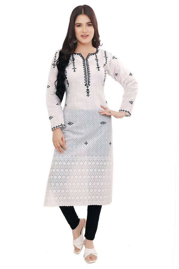 Elegant White Schiffli Cotton Kurta with Black Embroidery