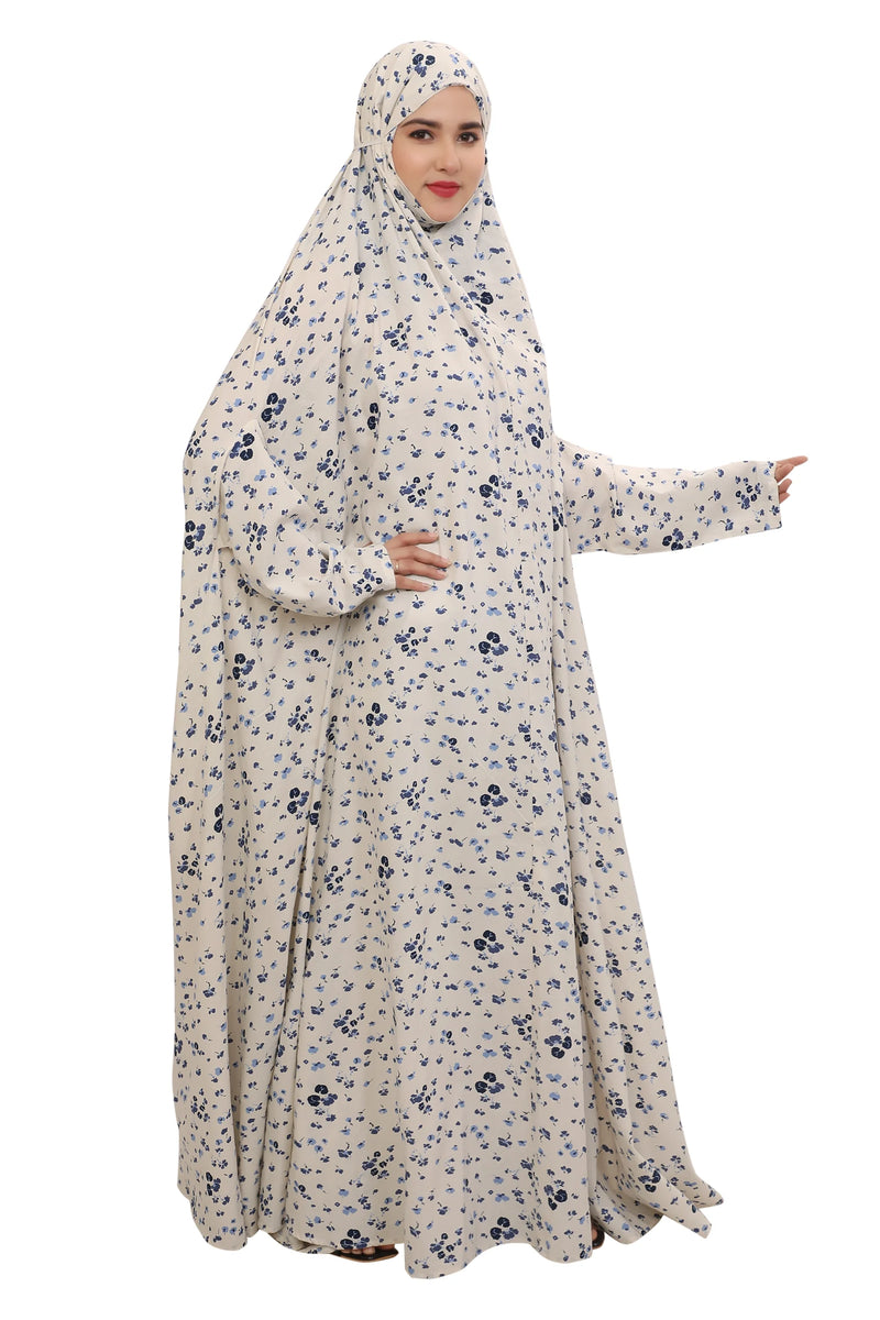 Blue N White Floral  Flare Full Length Namaz Dress