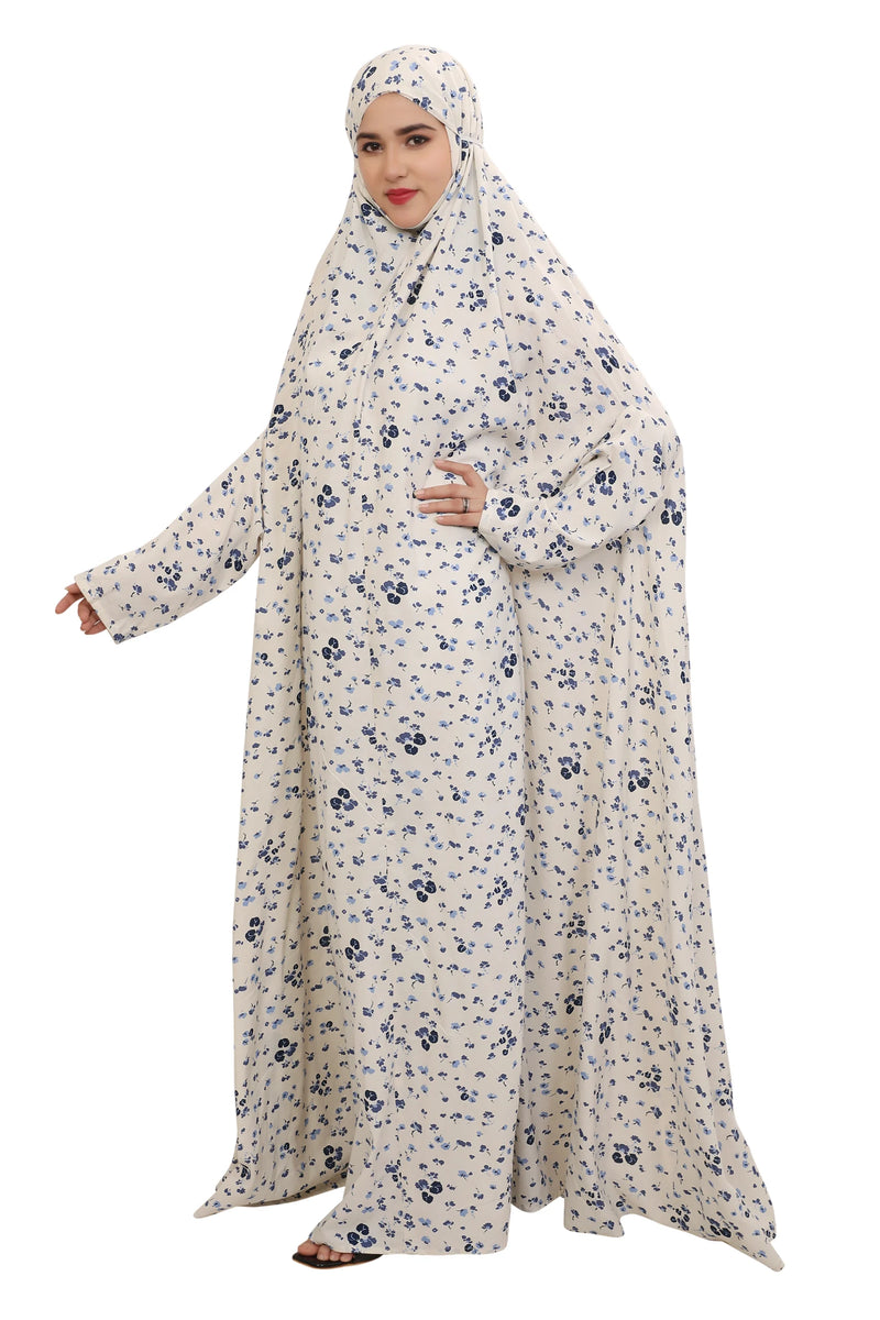 Blue N White Floral  Flare Full Length Namaz Dress